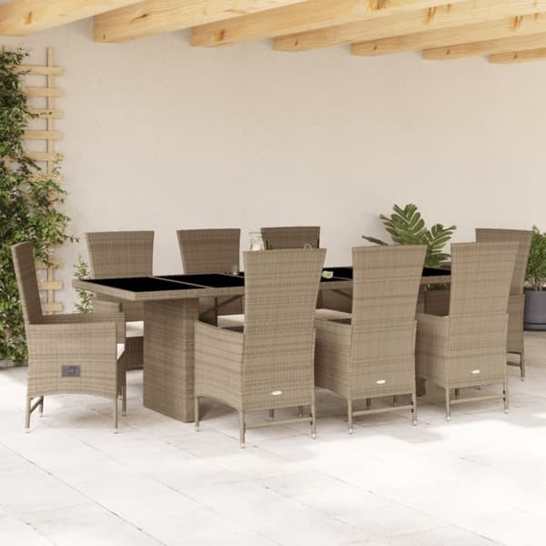 vidaXL spisebordssæt til haven 9 dele med hynder polyrattan beige