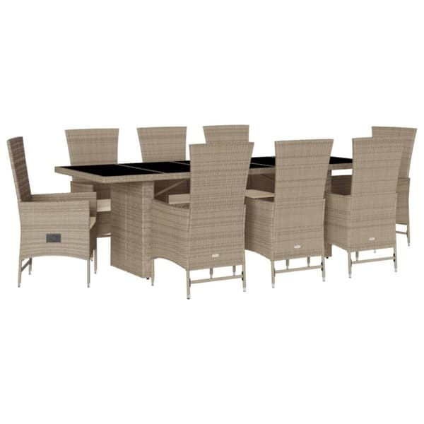 vidaXL spisebordssæt til haven 9 dele med hynder polyrattan beige