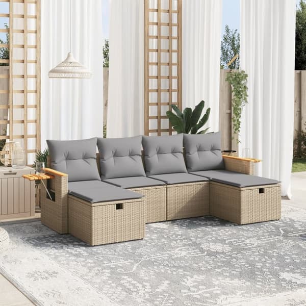 vidaXL havesofasæt 6 dele med hynder polyrattan beige