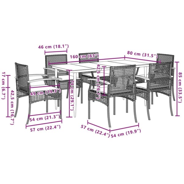 vidaXL Hagespisegruppe med puter 7 deler polyrotting beige