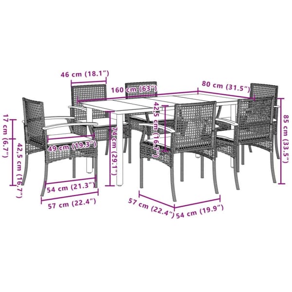 vidaXL Hagespisegruppe med puter 7 deler polyrotting beige