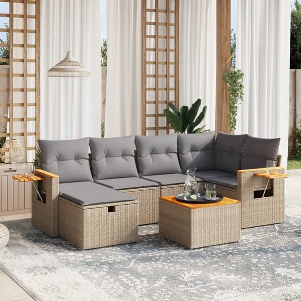 vidaXL havesofasæt 7 dele med hynder polyrattan beige