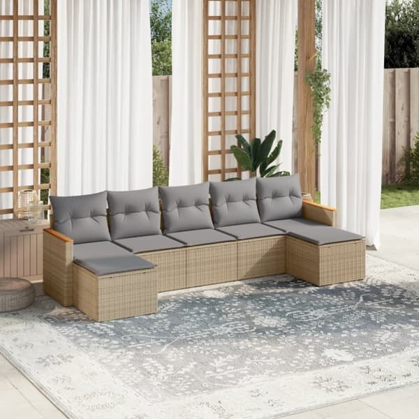 vidaXL havesofasæt 7 dele med hynder polyrattan beige