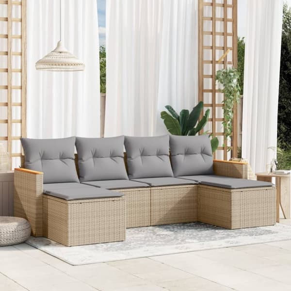 vidaXL havesofasæt 6 dele med hynder polyrattan beige