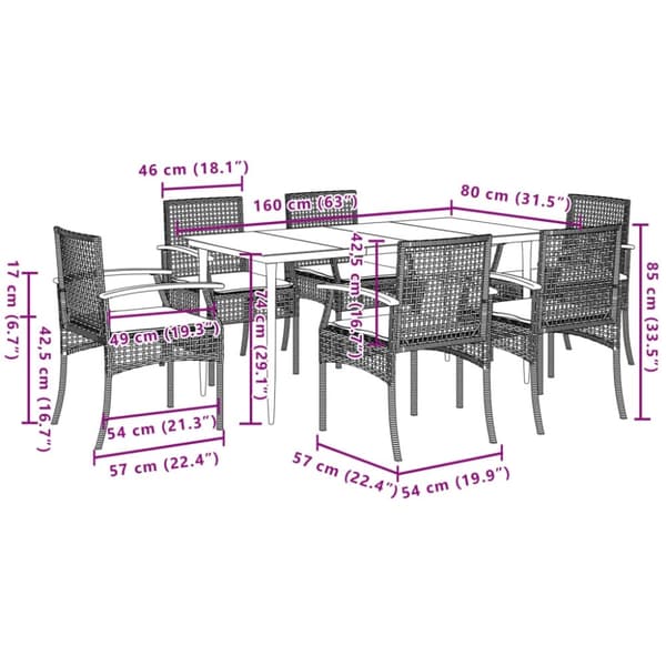 vidaXL Hagespisegruppe med puter 7 deler polyrotting svart