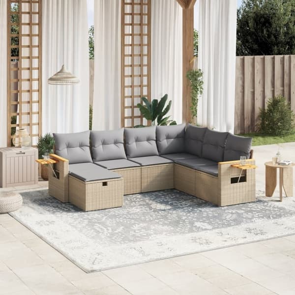 vidaXL havesofasæt 7 dele med hynder polyrattan beige