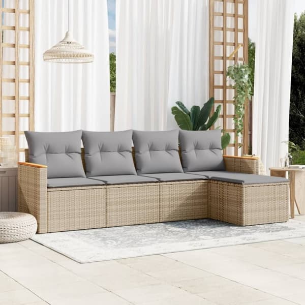 vidaXL havesofasæt 5 dele med hynder polyrattan beige
