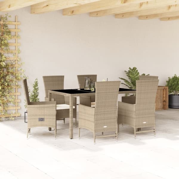 vidaXL spisebordssæt til haven 7 dele med hynder polyrattan beige