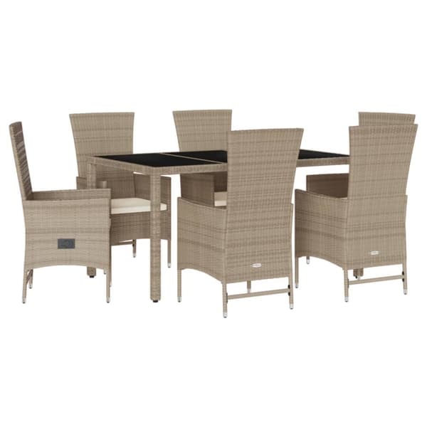 vidaXL spisebordssæt til haven 7 dele med hynder polyrattan beige