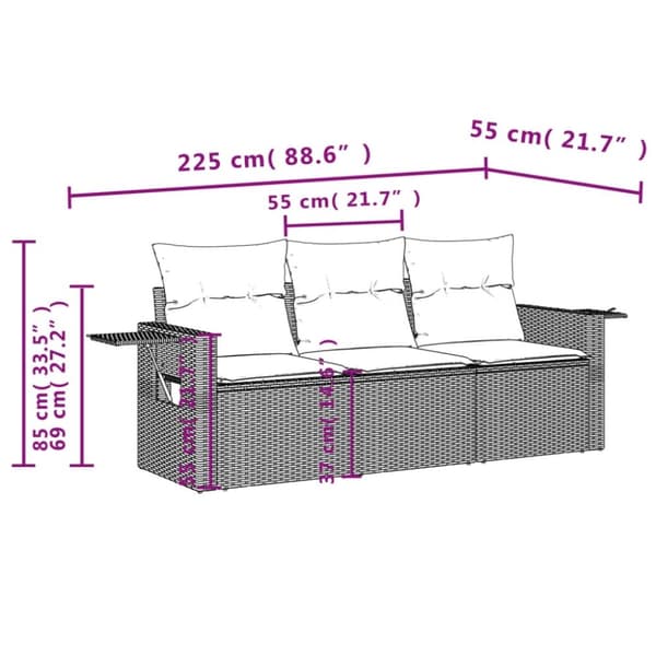 vidaXL havesofasæt 3 dele med hynder polyrattan grå