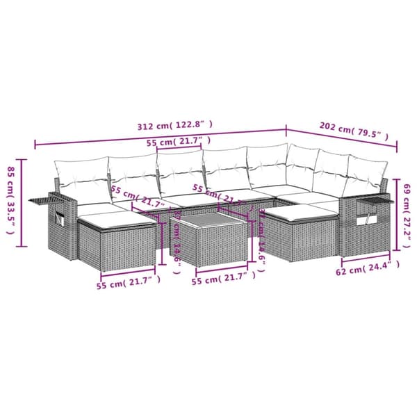 vidaXL havesofasæt 10 dele med hynder polyrattan beige