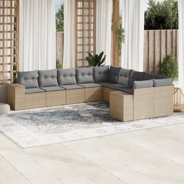 vidaXL Soffgrupp för trädgård med dynor 10 delar beige konstrotting