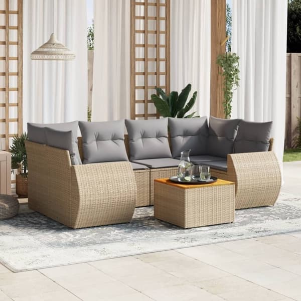 vidaXL sofasæt til haven 7 dele med hynder polyrattan beige