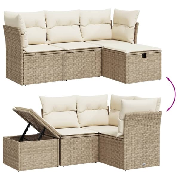 vidaXL Soffgrupp för trädgård med dynor 4 delar beige konstrotting