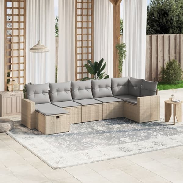 vidaXL havesofasæt 7 dele med hynder polyrattan beige
