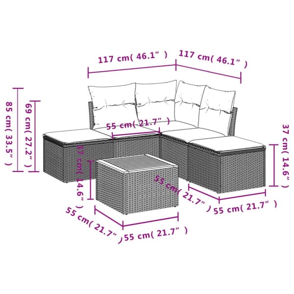 vidaXL havesofasæt 6 dele med hynder polyrattan beige