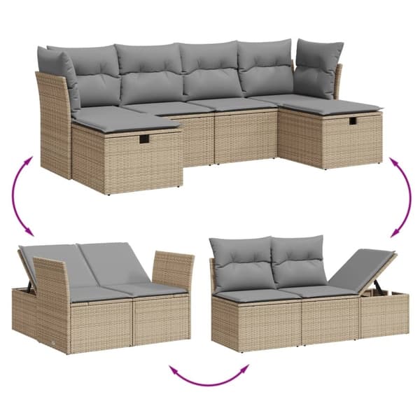 vidaXL havesofasæt 6 dele med hynder polyrattan beige