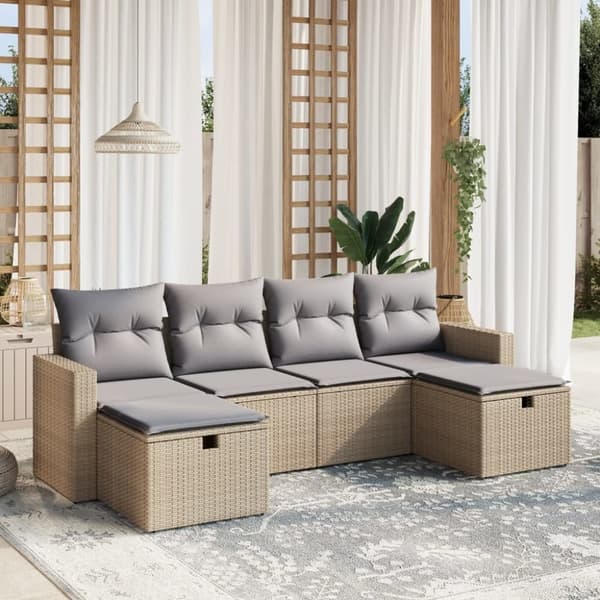 vidaXL havesofasæt 6 dele med hynder polyrattan beige