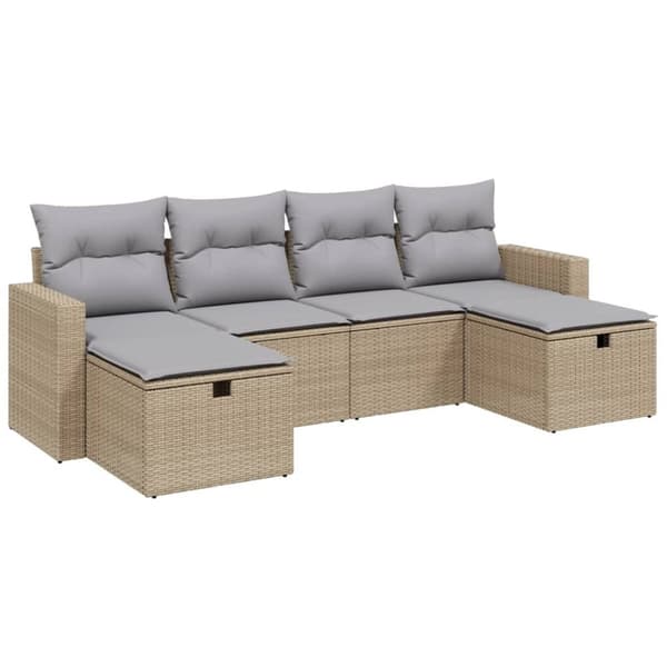 vidaXL havesofasæt 6 dele med hynder polyrattan beige