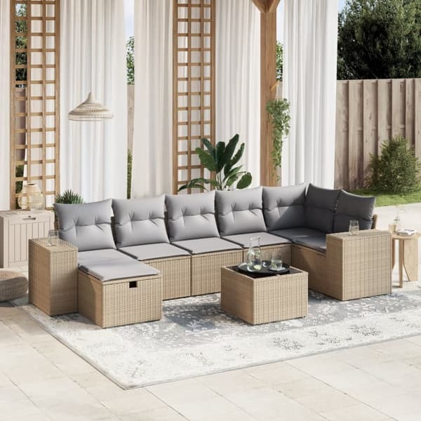 vidaXL havesofasæt 8 dele med hynder polyrattan beige
