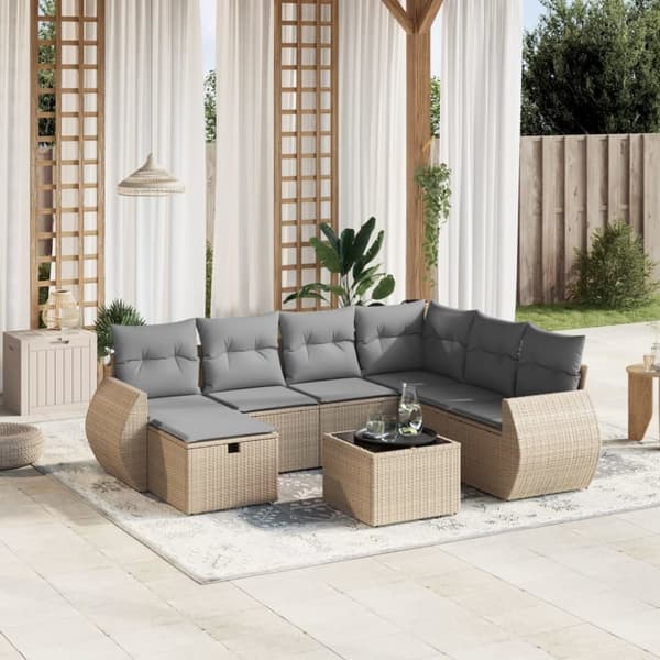vidaXL havesofasæt 8 dele med hynder polyrattan beige