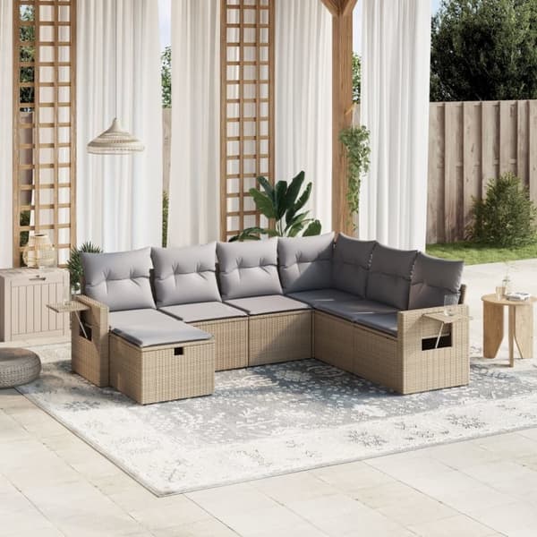 vidaXL havesofasæt 7 dele med hynder polyrattan beige