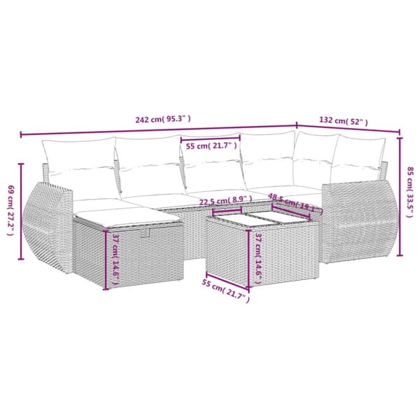 vidaXL havesofasæt 7 dele med hynder polyrattan beige