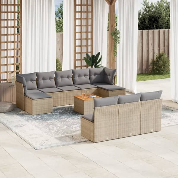 vidaXL havesofasæt 11 dele med hynder polyrattan beige