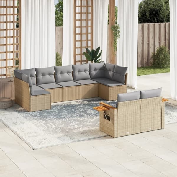 vidaXL Soffgrupp för trädgården med dynor 9 delar beige konstrotting