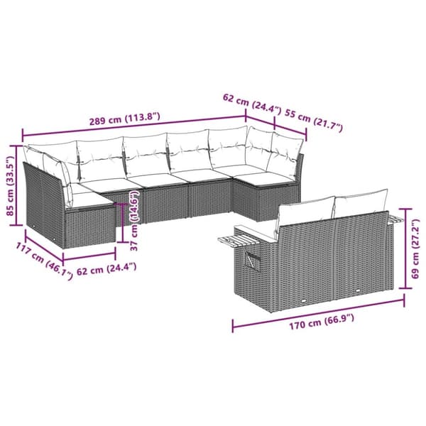 vidaXL sofasæt til haven 9 dele med hynder polyrattan beige