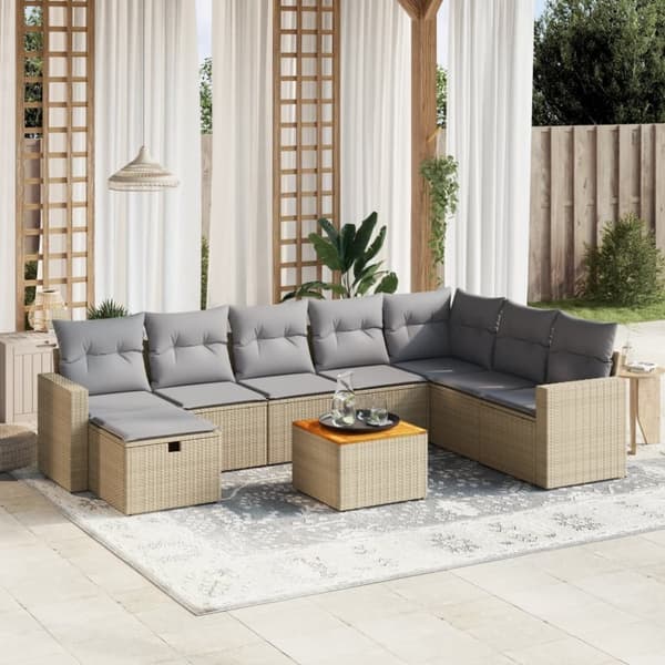 vidaXL spisebordssæt til haven 9 dele med hynder polyrattan beige