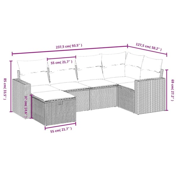 vidaXL havesofasæt 6 dele med hynder polyrattan beige