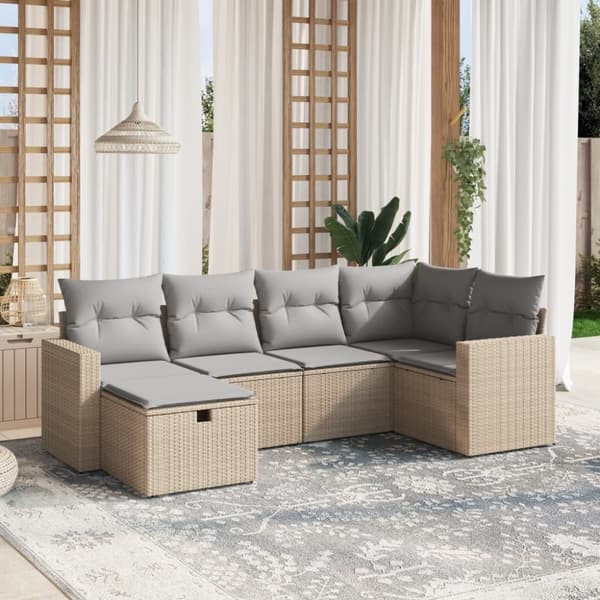 vidaXL havesofasæt 6 dele med hynder polyrattan beige