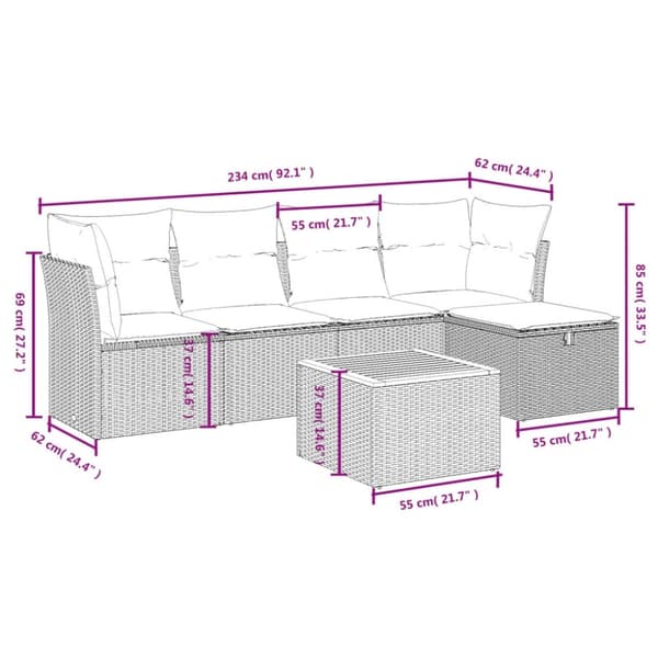 vidaXL havesofasæt 6 dele med hynder polyrattan beige