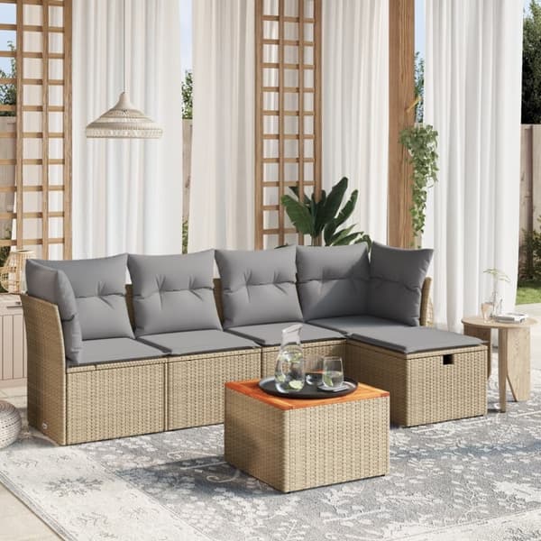 vidaXL havesofasæt 6 dele med hynder polyrattan beige