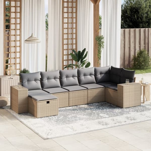 vidaXL havesofasæt 7 dele med hynder polyrattan beige