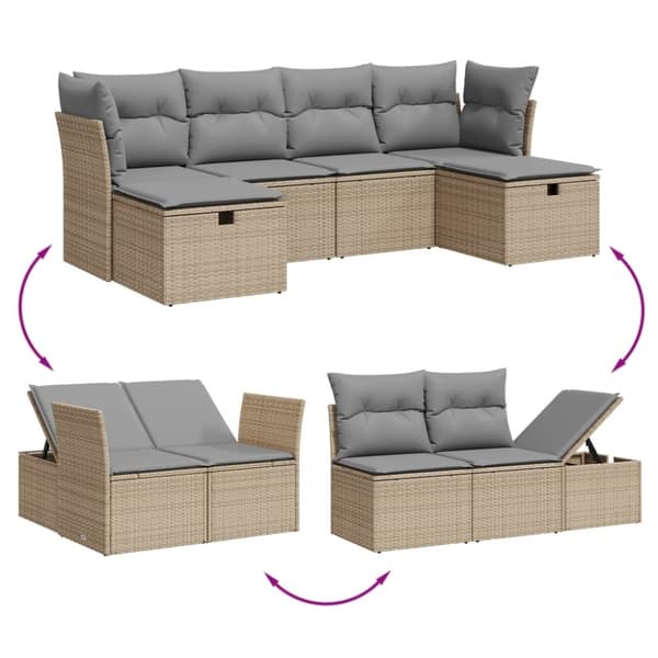 vidaXL havesofasæt 6 dele med hynder polyrattan beige