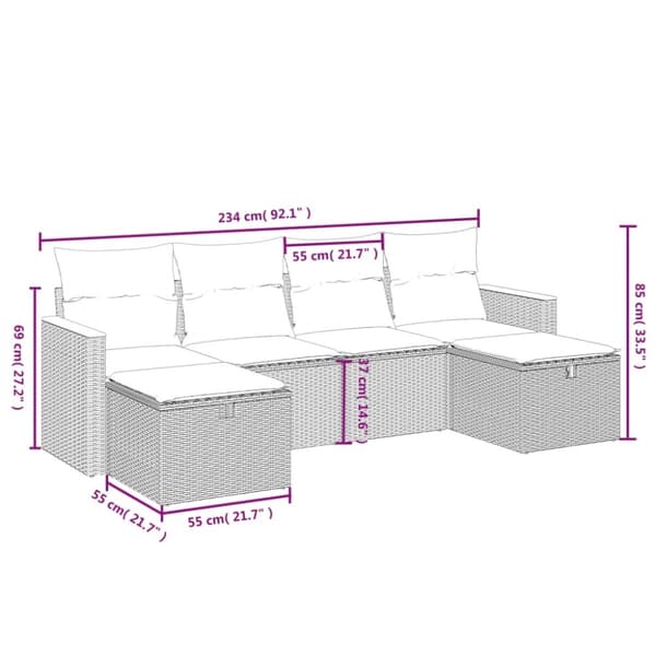 vidaXL havesofasæt 6 dele med hynder polyrattan beige