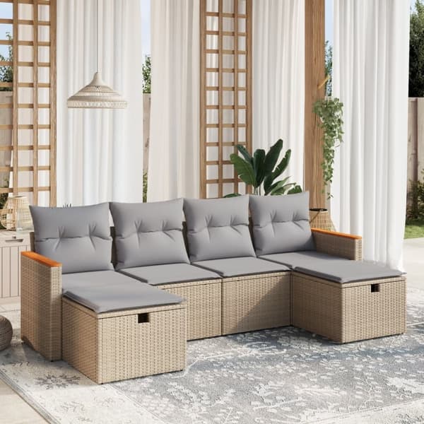 vidaXL havesofasæt 6 dele med hynder polyrattan beige