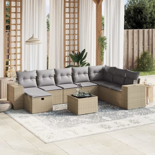 vidaXL spisebordssæt til haven 9 dele med hynder polyrattan beige