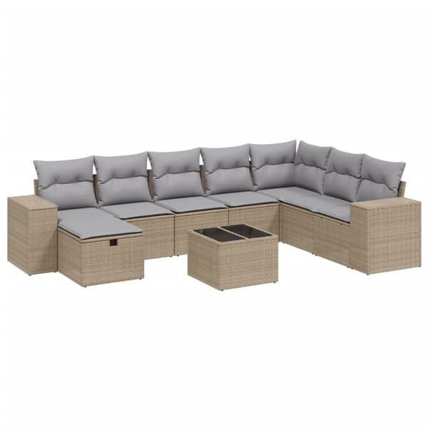 vidaXL spisebordssæt til haven 9 dele med hynder polyrattan beige