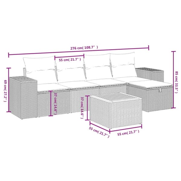 vidaXL havesofasæt 6 dele med hynder polyrattan beige