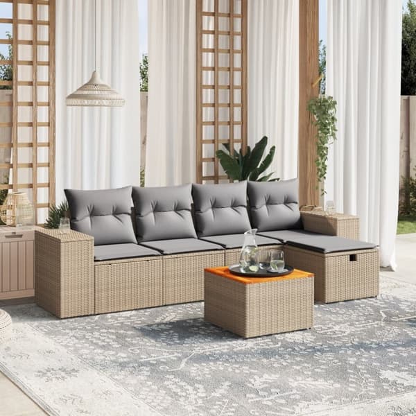 vidaXL havesofasæt 6 dele med hynder polyrattan beige
