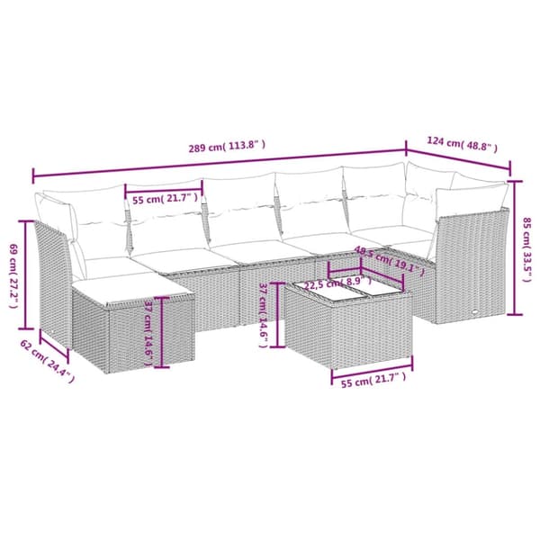 vidaXL sofasæt til haven 8 dele med hynder polyrattan grå