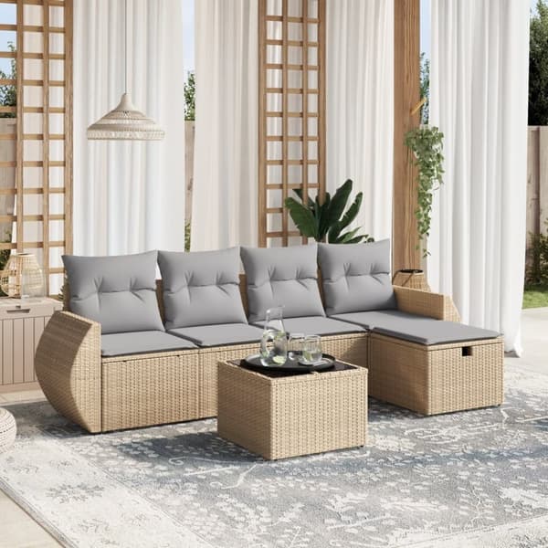 vidaXL havesofasæt 6 dele med hynder polyrattan beige