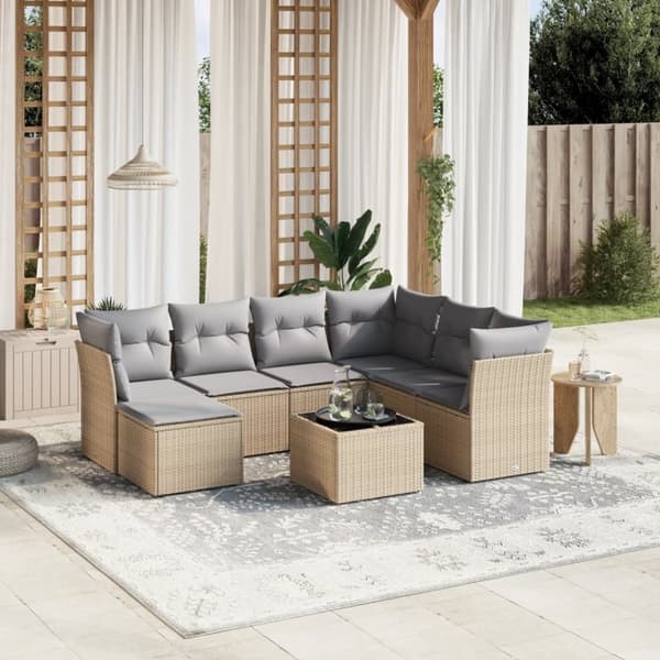 vidaXL havesofasæt 8 dele med hynder polyrattan beige