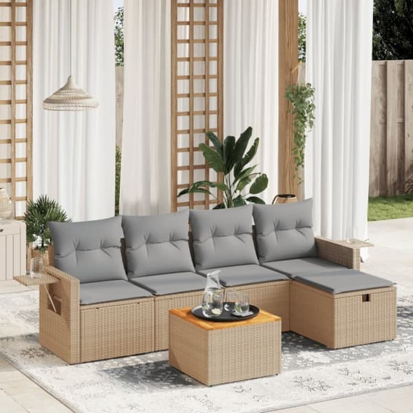 vidaXL havesofasæt 6 dele med hynder polyrattan beige