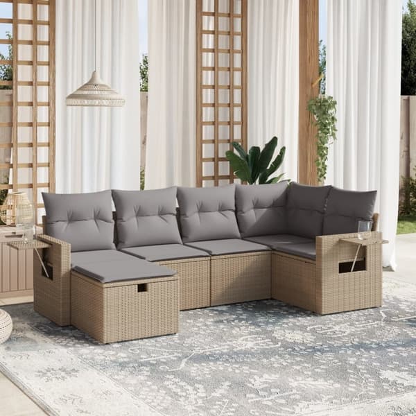 vidaXL havesofasæt 6 dele med hynder polyrattan beige