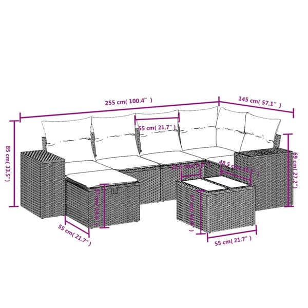 vidaXL Matgrupp för trädgården med dynor 7 delar beige konstrotting