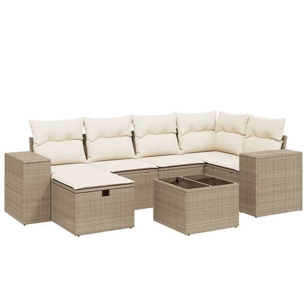 vidaXL Matgrupp för trädgården med dynor 7 delar beige konstrotting